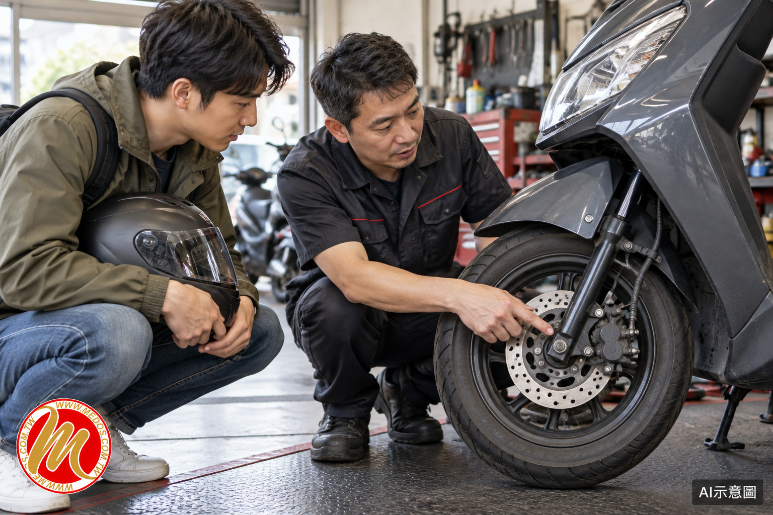 煞車異常停止騎乘洽詢,AI情境示意圖