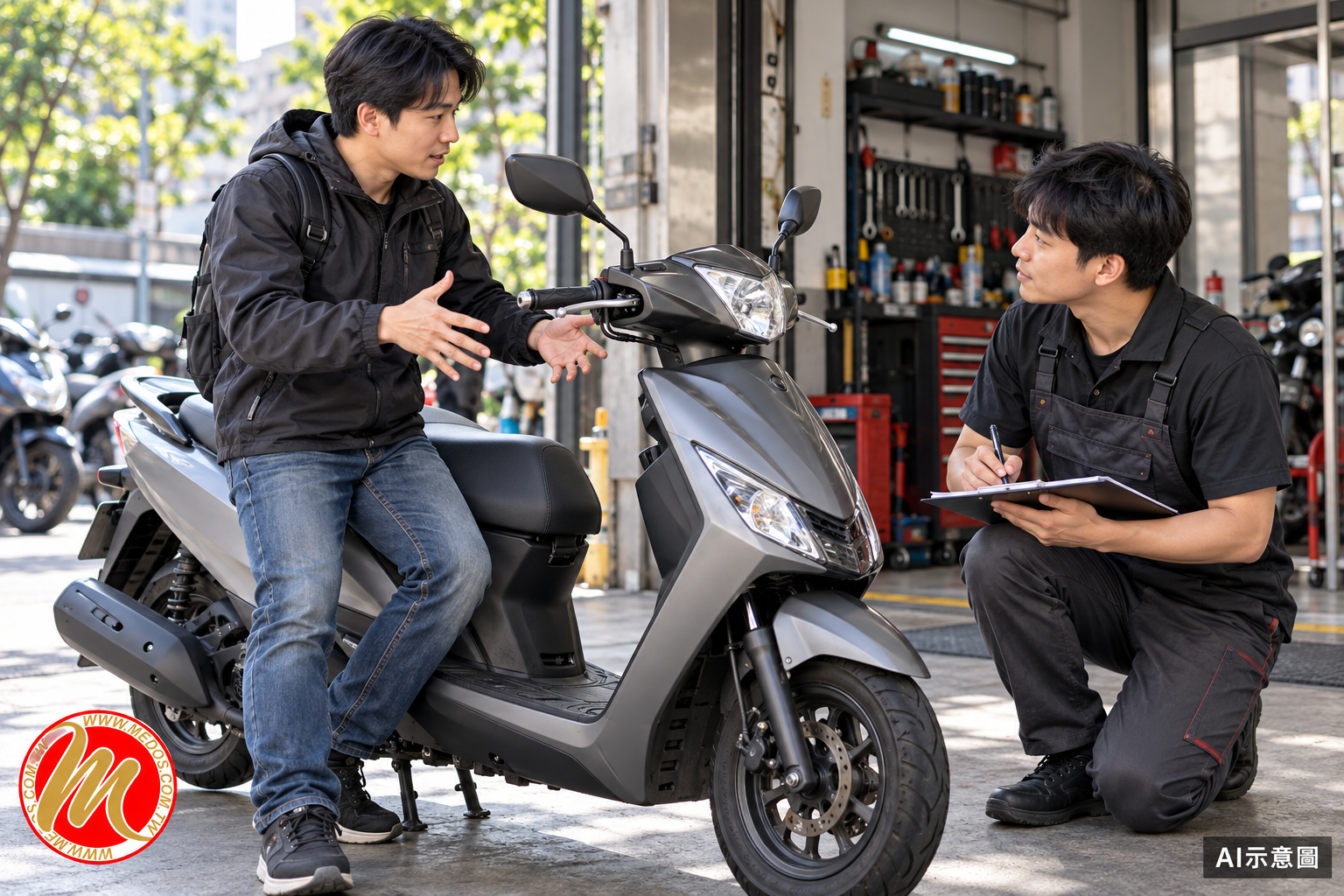 記錄起步發生條件，美督機車保養知識AI示意圖