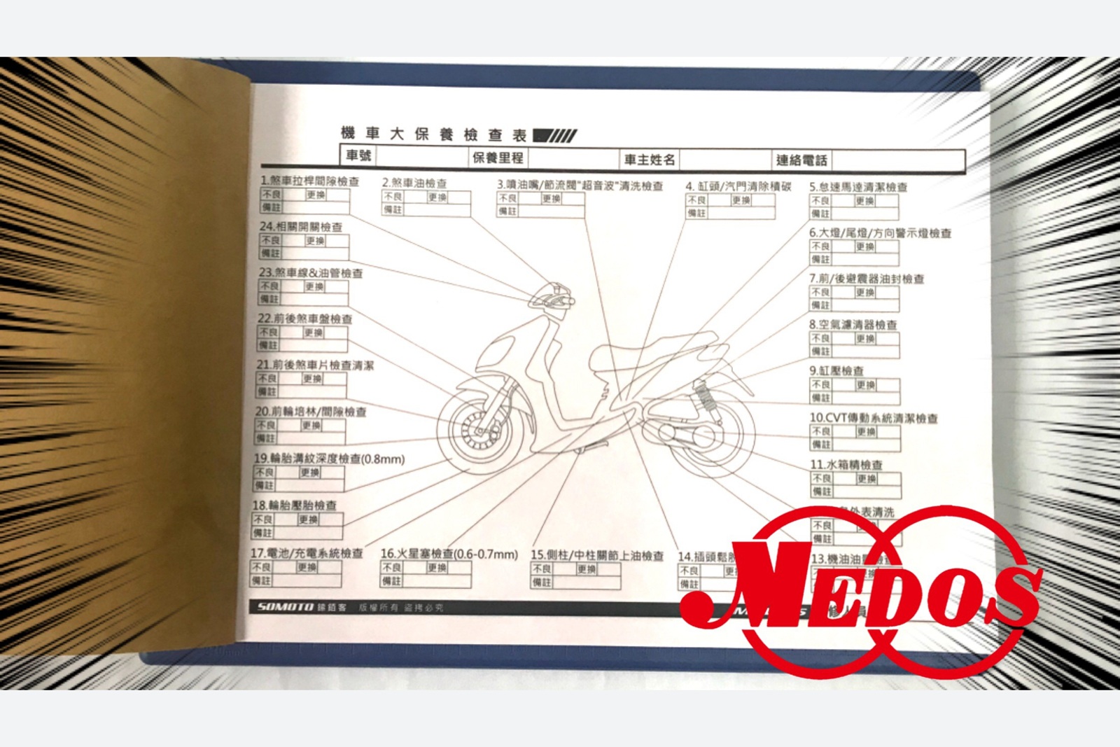 美督原公告的空白大保養檢查表設計，供認識紀錄方式；表內通用數值不能代替車型維修規範。